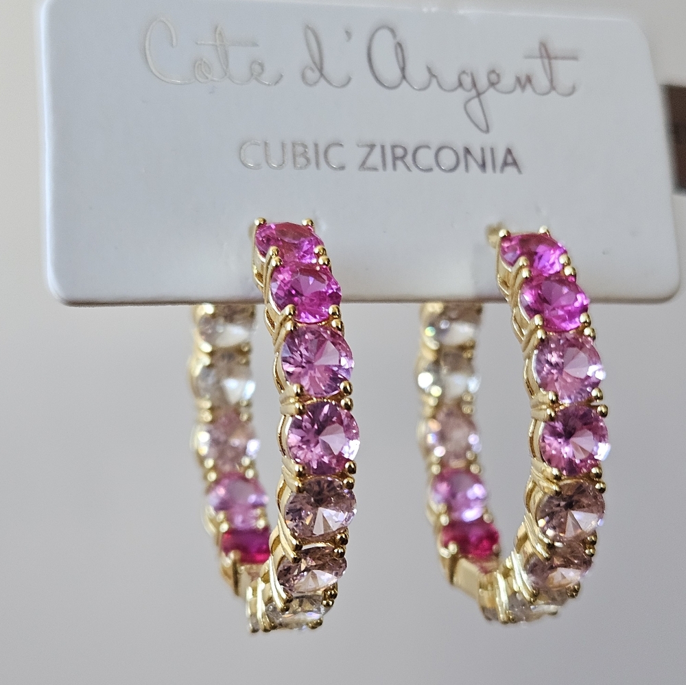 Cote d'argent Sterling Silver Pink Cubic Zirconia Hoops Earrings